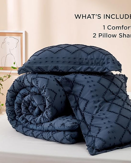 Bedsure California King Comforter Set - Navy Comforter, Boho Tufted Shabby Chic Bedding Comforter Set, 3 Pieces Farmhouse Bed Set for All Seasons, Fluffy Soft Bedding Set with 2 Pillow Shams - LeafyLoom