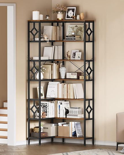 YITAHOME 7 Tier Corner Bookshelf Reversible Bookcase, Tall Bookshelf Display Rack Shelf with Metal Frame for Living Room, Bedroom, Home Office, Rustic Brown - LeafyLoom