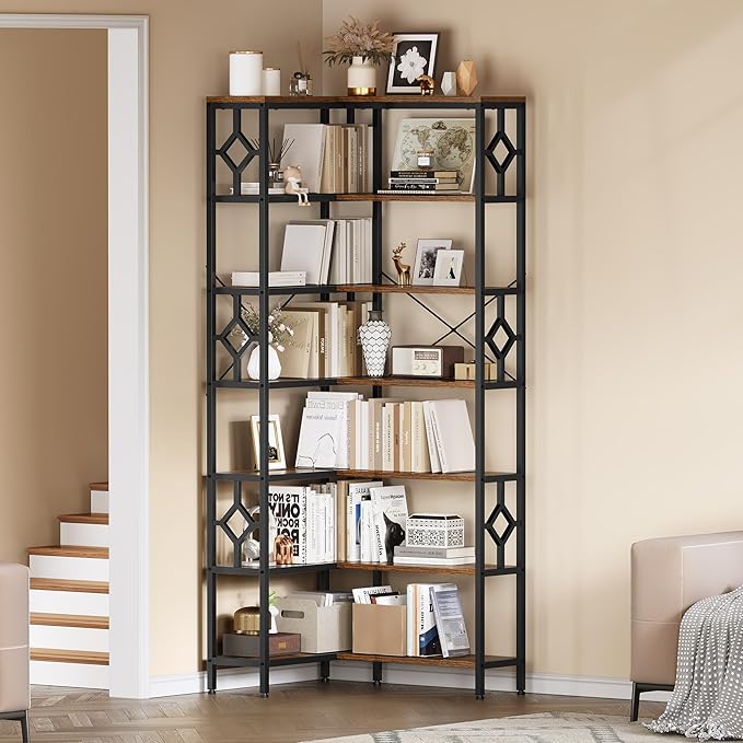 YITAHOME 7 Tier Corner Bookshelf Reversible Bookcase, Tall Bookshelf Display Rack Shelf with Metal Frame for Living Room, Bedroom, Home Office, Rustic Brown - LeafyLoom