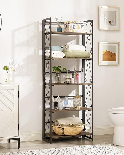 VECELO Folding Bookshelf, 5-Tier Bookcase Foldable, Industrial Tall Book Shelf Storage Organizer with Collapsible Metal Frame for Living Room/Home Office,Light Brown,1 Set - LeafyLoom