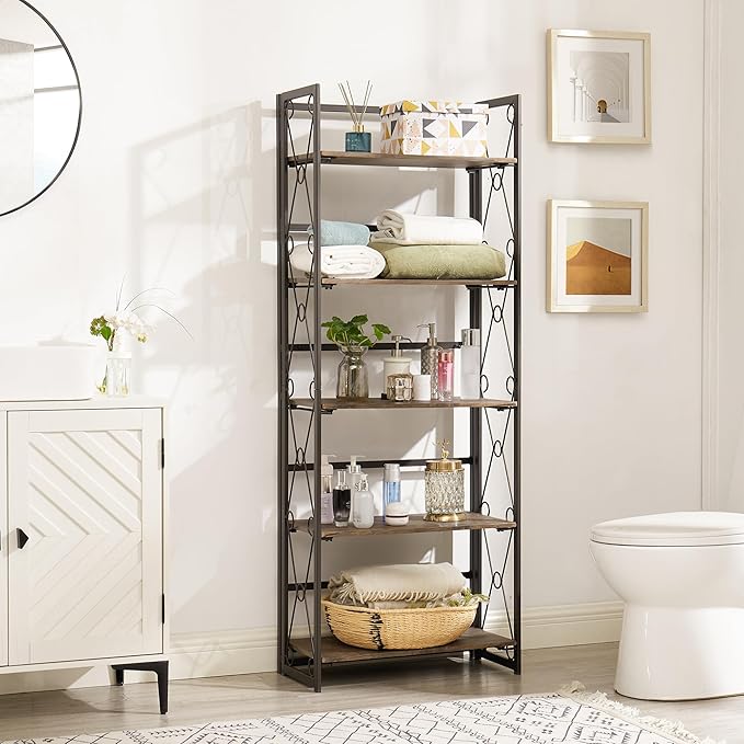 VECELO Folding Bookshelf, 5-Tier Bookcase Foldable, Industrial Tall Book Shelf Storage Organizer with Collapsible Metal Frame for Living Room/Home Office,Light Brown,1 Set - LeafyLoom