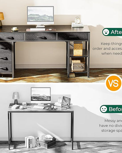 Computer Desk with 6 Drawers, 54 Inch Office Desk with Shelves, Reversible Gaming Desk, Corner Desk with Storage, Work Desk for Home Office, Study, Living Room, Black - LeafyLoom
