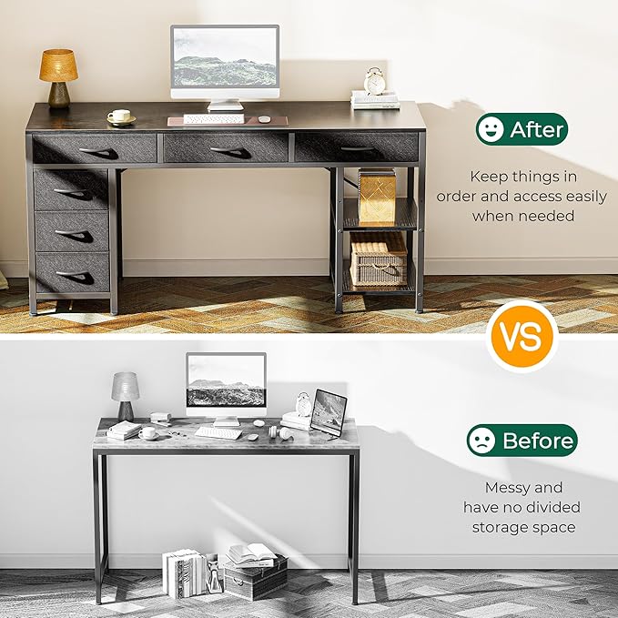 Computer Desk with 6 Drawers, 54 Inch Office Desk with Shelves, Reversible Gaming Desk, Corner Desk with Storage, Work Desk for Home Office, Study, Living Room, Black - LeafyLoom