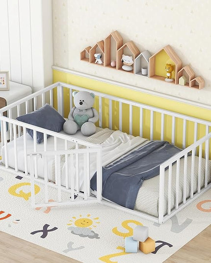 RITSU Twin Size Metal Floor Fence Bed, Montessori Bedframe, with Safety Guardrail and Door, for Children Bedroom, Boys Girls, Apartment, Strong & Durable, Easy to Assemble, White - LeafyLoom