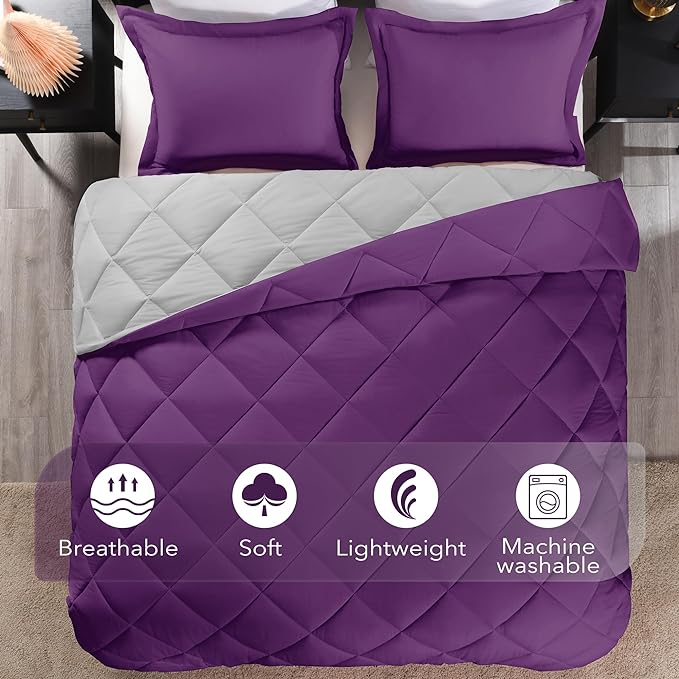 downluxe King Size Comforter Set - Purple and Grey King Comforter, Soft Bedding Sets for All Seasons -3 Pieces - 1 Comforter (104"x92") and 2 Pillow Shams(20"x36") - LeafyLoom