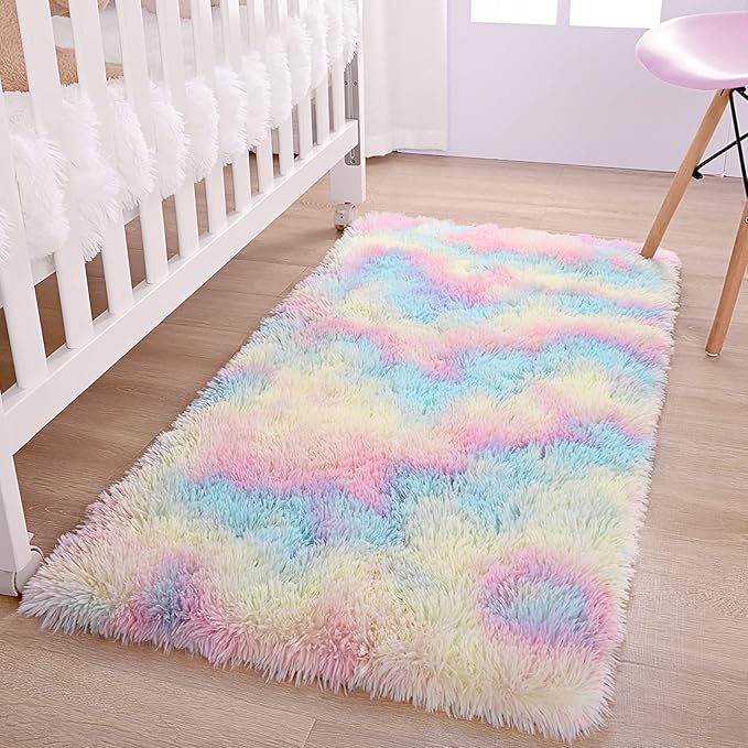 AROGAN Soft Rainbow Area Rugs for Girls Room 2x4 Feet, Fluffy Girls Bedroom Rugs, Princess Rug, Cute Colorful Carpet for Kids Teens Nursery Toddler, Pink - LeafyLoom