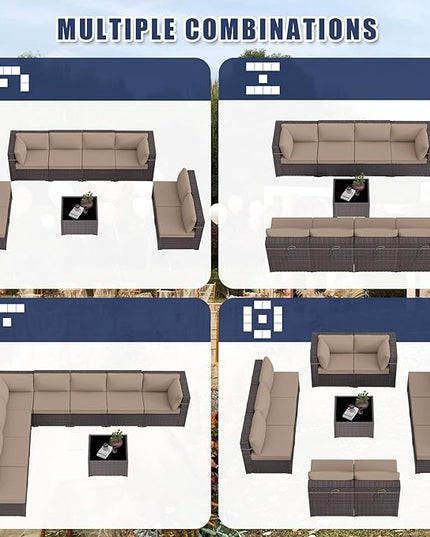 Patio Furniture Set 9PCS Outdoor Furniture for Backyard Wicker Sectional Sofa Set, Rattan Patio Conversation Set with Thickened Cushions and Glass Coffee Table, Sand - LeafyLoom