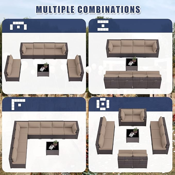 Patio Furniture Set 9PCS Outdoor Furniture for Backyard Wicker Sectional Sofa Set, Rattan Patio Conversation Set with Thickened Cushions and Glass Coffee Table, Sand - LeafyLoom