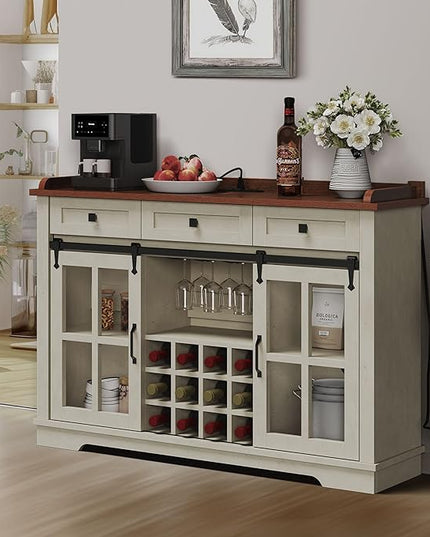 DWVO Farmhouse Coffee Bar Cabinet, 53” Sideboard Buffet Cabinet with Storage, 3 Drawers & Sliding Barn Door, Storage Cabinet with Glass Door for Kitchen & Living Room, Antique White - LeafyLoom