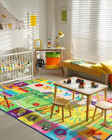 7x10 Kids Rug Play Mat Carpet Educational and Fun Playmat with ABC Alphabet Animals Shapes Colors Large Area Rug Learning Rugs for Bedroom Playroom Baby Toddler Children Play Game Activity - LeafyLoom
