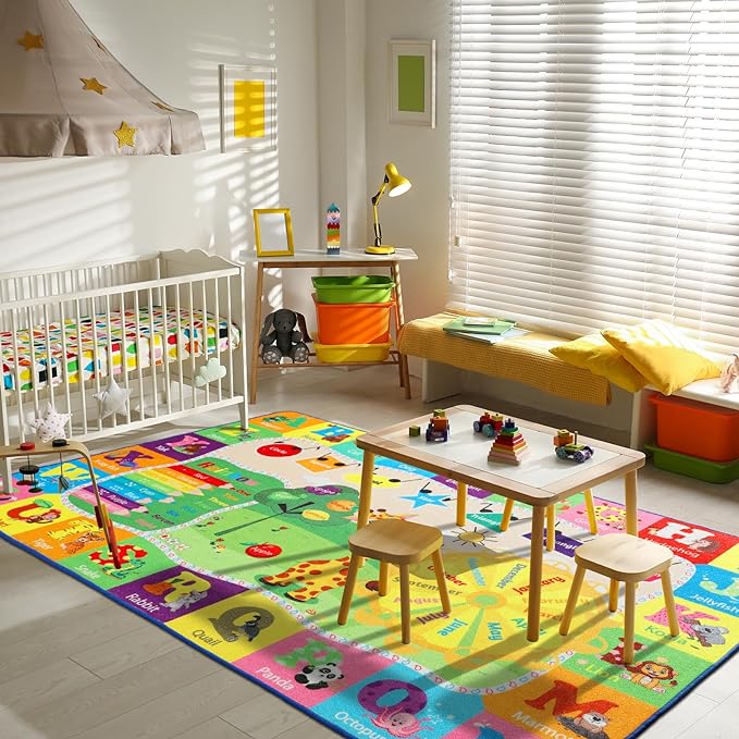 7x10 Kids Rug Play Mat Carpet Educational and Fun Playmat with ABC Alphabet Animals Shapes Colors Large Area Rug Learning Rugs for Bedroom Playroom Baby Toddler Children Play Game Activity - LeafyLoom
