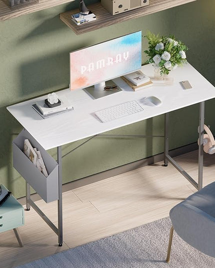 Pamray 47 Inch Computer Desk for Small Spaces with Storage Bag, Home Office Work Desk with Headphone Hook, Small Office Desk Study Writing Table - LeafyLoom