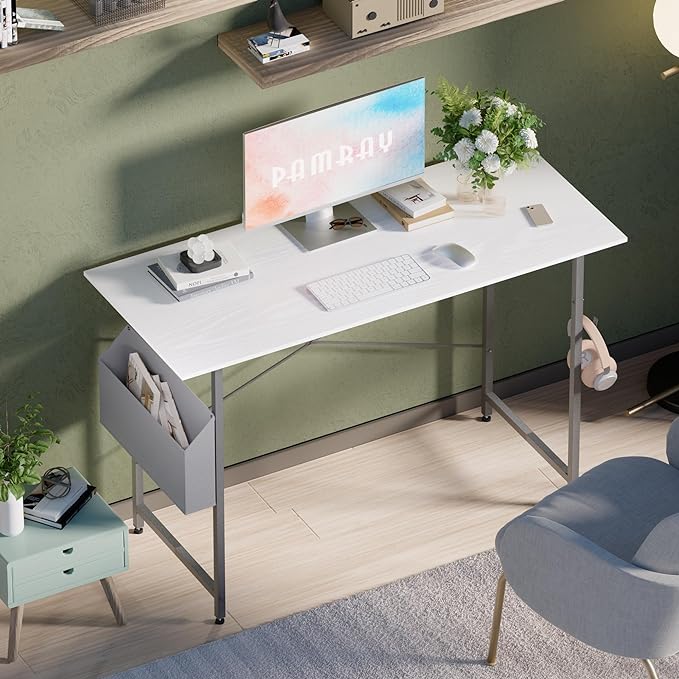 Pamray 47 Inch Computer Desk for Small Spaces with Storage Bag, Home Office Work Desk with Headphone Hook, Small Office Desk Study Writing Table - LeafyLoom