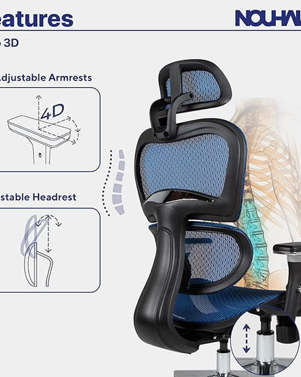 Nouhaus Ergo3D Ergonomic Office Chair Lumbar Support Mesh Office Chair with 4D Adjustable Armrest, Adjustable Headrest and Wheels, Mesh High Back Home Office Desk Chairs(Blue) - LeafyLoom