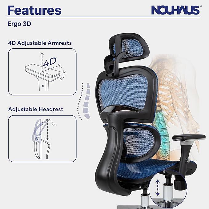 Nouhaus Ergo3D Ergonomic Office Chair Lumbar Support Mesh Office Chair with 4D Adjustable Armrest, Adjustable Headrest and Wheels, Mesh High Back Home Office Desk Chairs(Blue) - LeafyLoom