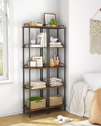 5-Tier Tall Bookshelf, Narrow Bookcase with guardrail, Freestanding Storage Stand Display Rack for Living Room, Bedroom, Home Office, Rustic Brown and Black - LeafyLoom