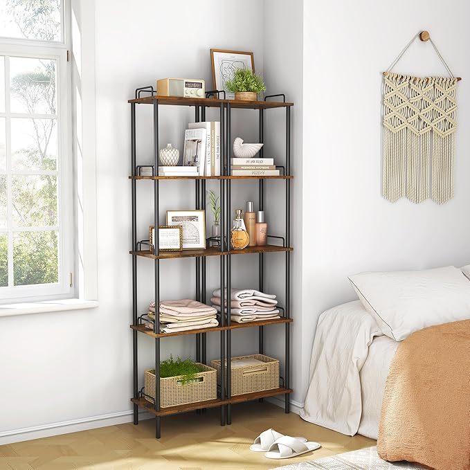 5-Tier Tall Bookshelf, Narrow Bookcase with guardrail, Freestanding Storage Stand Display Rack for Living Room, Bedroom, Home Office, Rustic Brown and Black - LeafyLoom