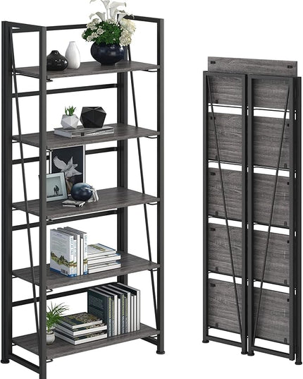 No-Assembly Folding Bookshelf Storage Shelves 5 Tiers Vintage Multifunctional Plant Flower Stand Storage Rack Shelves Bookcase for Home Office (Gray and Black) - LeafyLoom