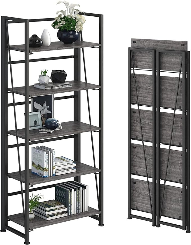 No-Assembly Folding Bookshelf Storage Shelves 5 Tiers Vintage Multifunctional Plant Flower Stand Storage Rack Shelves Bookcase for Home Office (Gray and Black) - LeafyLoom