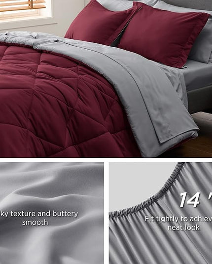 Bedsure Burgundy King Size Comforter Set - 7 Pieces Reversible King Bed in a Bag King Bed Set with Comforters, Sheets, Pillowcases & Shams, King Bedding Sets - LeafyLoom