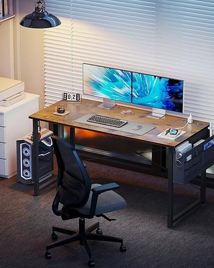 KKL Small Desk with Power Outlets and USB Port Computer Desk for Home Office Gaming Simple Modern Style Writing Desks with Storage Bag Headphone Hook, 48 inch, Rustic Brown - LeafyLoom