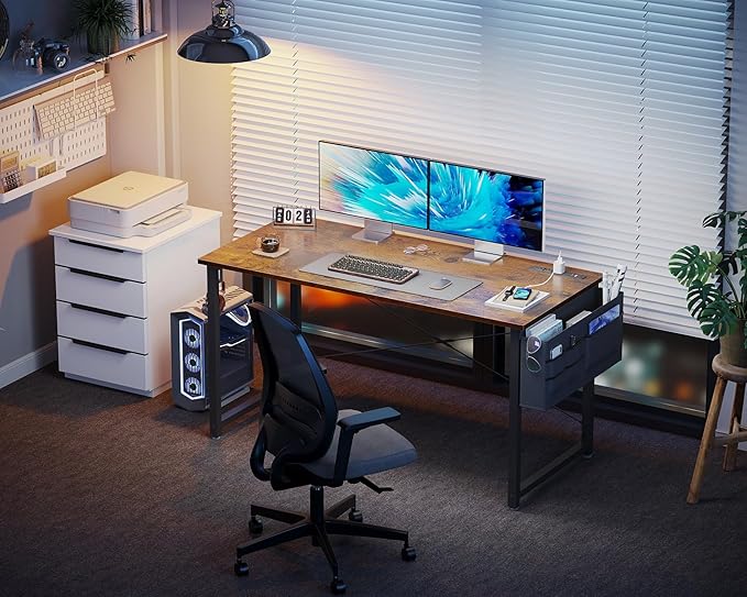 KKL Small Desk with Power Outlets and USB Port Computer Desk for Home Office Gaming Simple Modern Style Writing Desks with Storage Bag Headphone Hook, 48 inch, Rustic Brown - LeafyLoom