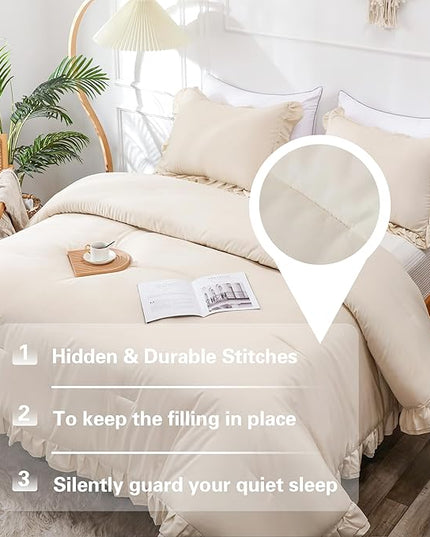 Beige Double Ruffle Comforter Set Twin Size (66x90 Inch), 2 Pcs Farmhouse Vintage Cream Comforter Set (1 Ruffled Comforter and 1 Pillowcase), Rustic All Season Down Alternative Bedding Set - LeafyLoom