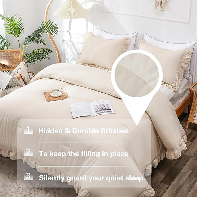 Beige Double Ruffle Comforter Set Twin Size (66x90 Inch), 2 Pcs Farmhouse Vintage Cream Comforter Set (1 Ruffled Comforter and 1 Pillowcase), Rustic All Season Down Alternative Bedding Set - LeafyLoom