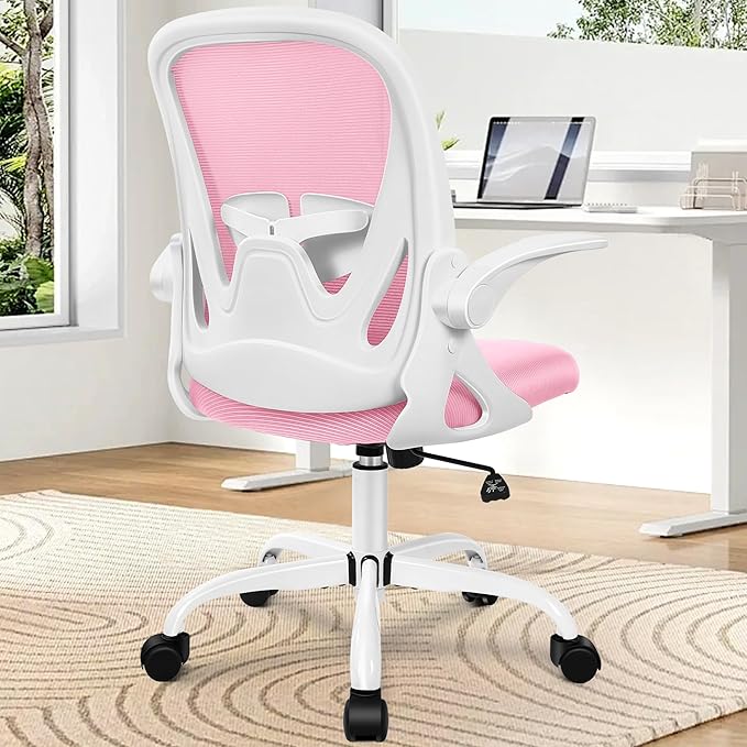 Primy Office Chair Ergonomic Desk Chair with Adjustable Lumbar Support and Height, Swivel Breathable Desk Mesh Computer Chair with Flip up Armrests for Conference Room (Pink) - LeafyLoom