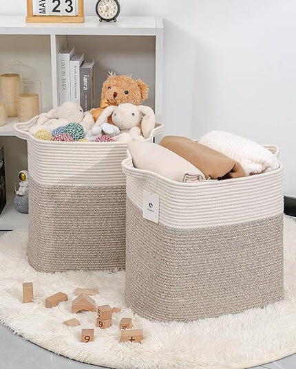 Toy Storage Baskets for Clothes Fabric Cotton Rope Storage Basket with Handles, Decorative Woven Basket for Living Room,Closet Organizer Blankets, and Toys (White Brown 2bags) - LeafyLoom