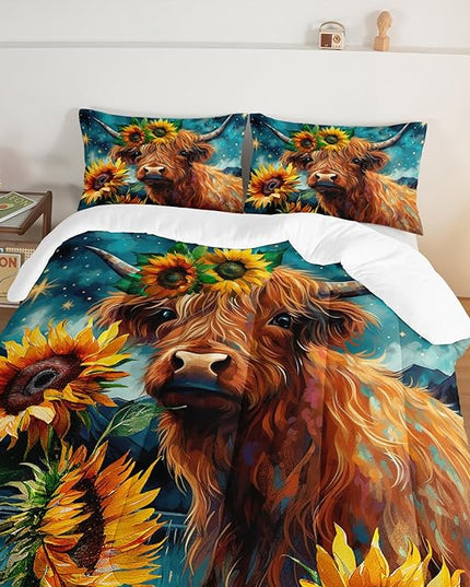 HOSIMA Highland Cow Comforter Set,Western Farmhouse Animals Cow and Sunflower Print Bedding Set 3Pcs with 2 Pillowcases,Galaxy Star Moon Comforter,Floral Comforter Twin Bed in a Bag. - LeafyLoom