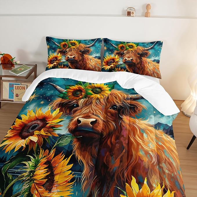 HOSIMA Highland Cow Comforter Set,Western Farmhouse Animals Cow and Sunflower Print Bedding Set 3Pcs with 2 Pillowcases,Galaxy Star Moon Comforter,Floral Comforter Twin Bed in a Bag. - LeafyLoom