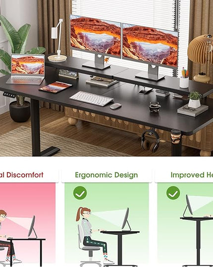 Electric Standing Desk with Monitor Shelf, 63 x 27 Inches Height Adjustable Corner Table, Computer Workstation with Cup Holder and Hook for Home Office, Black, 63x27 Inch - LeafyLoom