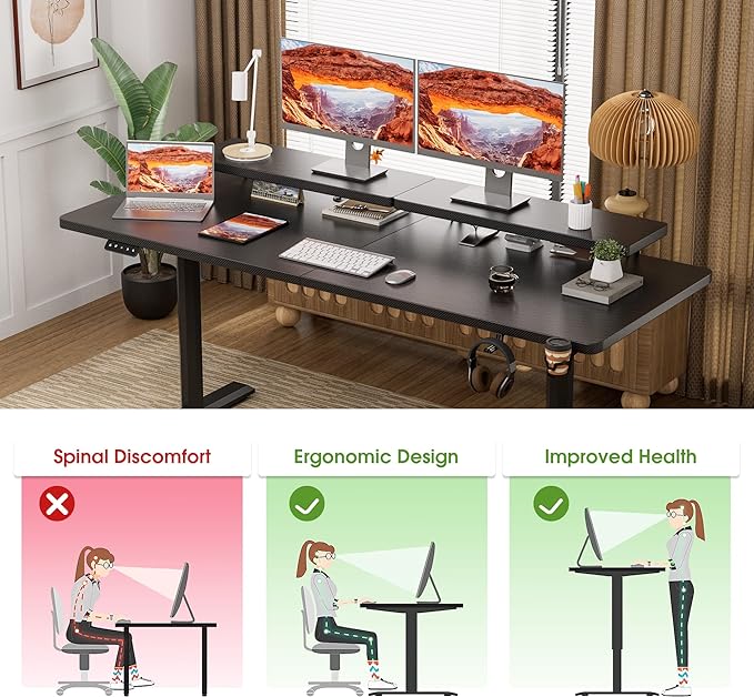 Electric Standing Desk with Monitor Shelf, 63 x 27 Inches Height Adjustable Corner Table, Computer Workstation with Cup Holder and Hook for Home Office, Black, 63x27 Inch - LeafyLoom