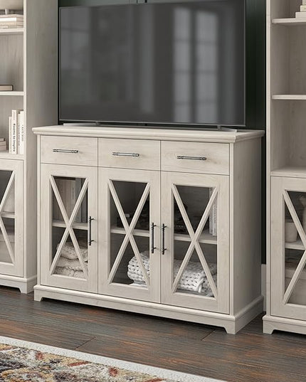 Bush Furniture Lennox Farmhouse Stand for 65 Inch TV | Living Room Entertainment Center with Storage, 46W, Linen White Oak - LeafyLoom