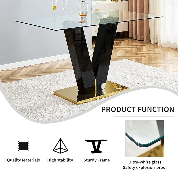 63.00" Modern Glass Table with Rectangular Tempered Tabletop,Dinner Desk Set for 6-8 People W, Home,Kitchen,Dining Room,Office,Black+Clear Finish, 63" V-Shape Bracket - LeafyLoom