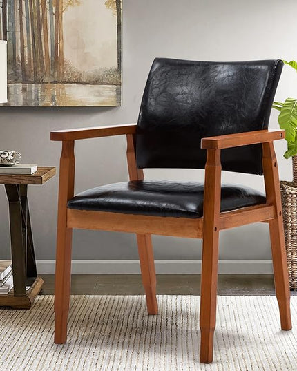 NOBPEINT Mid-Century Dining Side Chair with Faux Leather Seat in Black, Arm Chair in Walnut - LeafyLoom