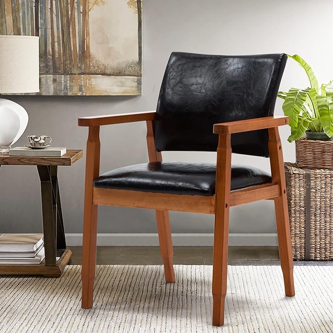 NOBPEINT Mid-Century Dining Side Chair with Faux Leather Seat in Black, Arm Chair in Walnut - LeafyLoom