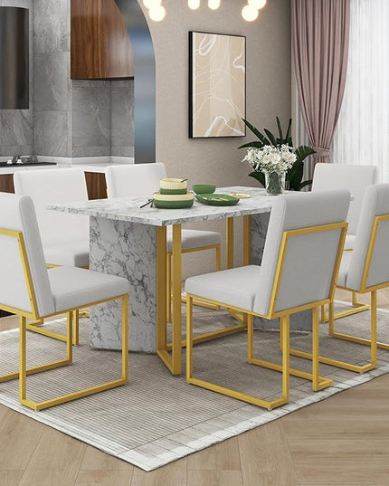 7-Piece Modern Dining Table Set, Artificial Marble Sticker Tabletop and 6 Upholstered Linen Chairs All with Golden Steel Legs for Dinette Room and Kitchen (White+Gold), 60" L x 36" W x 30" H - LeafyLoom