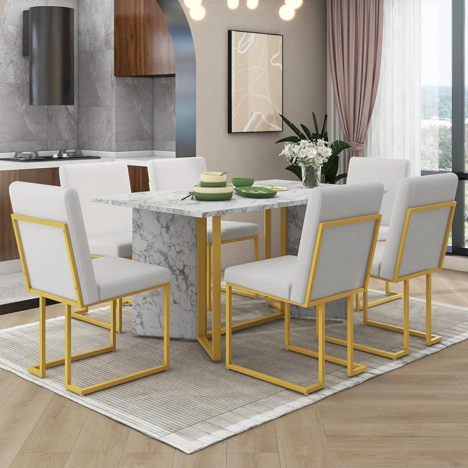 7-Piece Modern Dining Table Set, Artificial Marble Sticker Tabletop and 6 Upholstered Linen Chairs All with Golden Steel Legs for Dinette Room and Kitchen (White+Gold), 60" L x 36" W x 30" H - LeafyLoom