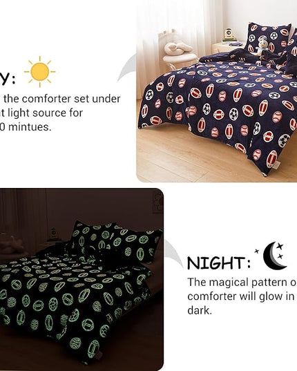 Mooreeke Glow in The Dark Full Plush Fleece Comforter Bed Set, Soft & Warm 3 Piece Bed in A Bag with Sham, Velour Velvet Football Basketball Soccer Rugby Boys Kids Bedding Set, Fluffy Fuzzy Polar Cozy - LeafyLoom