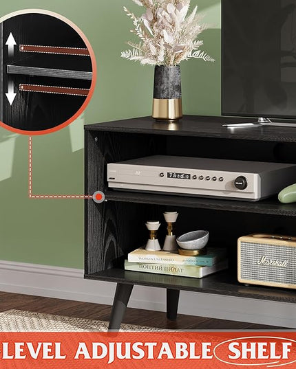 WLIVE Mid-Century Modern TV Stand for 55" TV, Entertainment Center with Storage, Open Shelves TV Console for Living Room and Bedroom, Black - LeafyLoom
