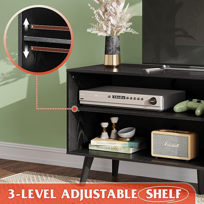 WLIVE Mid-Century Modern TV Stand for 55" TV, Entertainment Center with Storage, Open Shelves TV Console for Living Room and Bedroom, Black - LeafyLoom