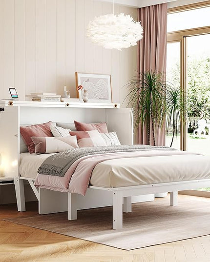 Queen Murphy Bed can be Folded into Low Cabinet with USB Ports, Wooden Platform bedframe with Removable Shelves on Each Side, Space Saving, for Bedroom/Guestroom/Office, White - LeafyLoom