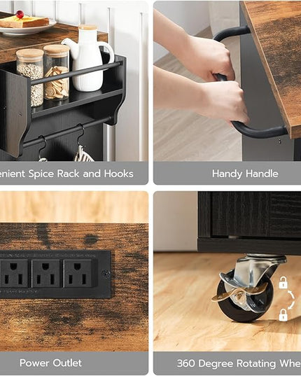 HOOBRO 43.3 Inch Kitchen Island with Charging Station, Rolling Kitchen Island with Storage, Kitchen Island Cart with Spice Rack and Hooks, for Kitchen, Living Room, Rustic Brown and Black BF11UZD01 - LeafyLoom