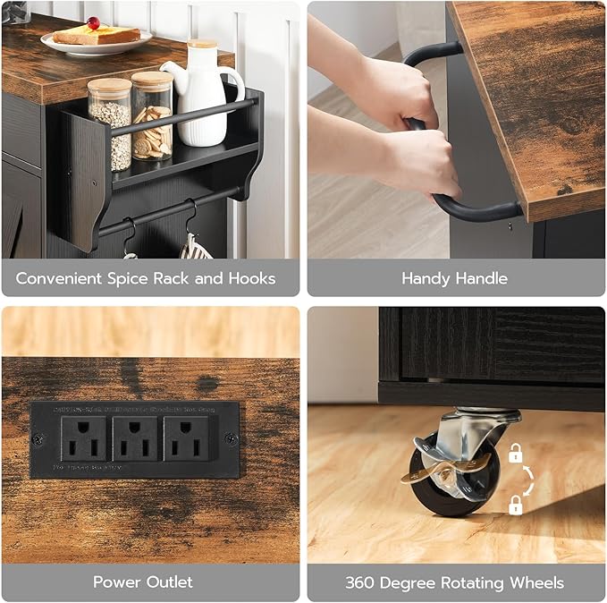 HOOBRO 43.3 Inch Kitchen Island with Charging Station, Rolling Kitchen Island with Storage, Kitchen Island Cart with Spice Rack and Hooks, for Kitchen, Living Room, Rustic Brown and Black BF11UZD01 - LeafyLoom