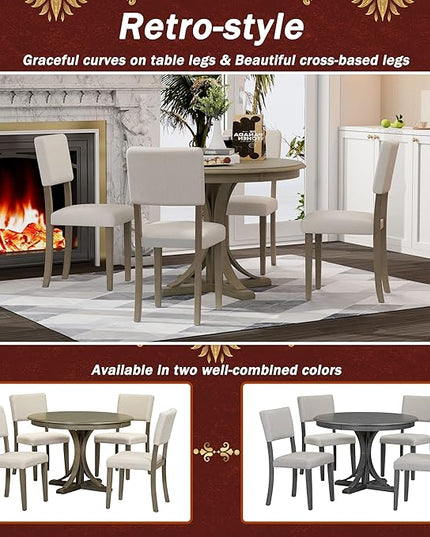 Retro 5-Piece Round Dining Table Set with 4 Upholstered Chairs for Kitchen, Breakfast Nook, Living Room, Taupe, 44" L x 44" W x 30.2" H - LeafyLoom