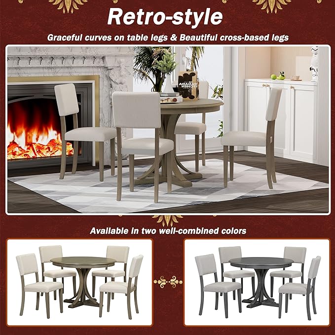 Retro Round, 5-Piece Kitchen Table Set for 4-Features Curved Trestle Legs and 4 Upholstered Chairs-Effortless Style for Your Dining Space, Taupe - LeafyLoom
