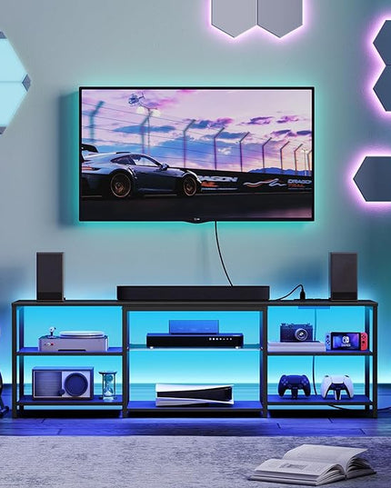 HOOBRO LED TV Stand for 75 Inch TVs with Charging Station, Gaming Entertainment Center with 3-Tier Open Storage, Long 63” Media TV Console Table, TV Stand for Living Room, Bedroom, Black BB21UDDS01 - LeafyLoom