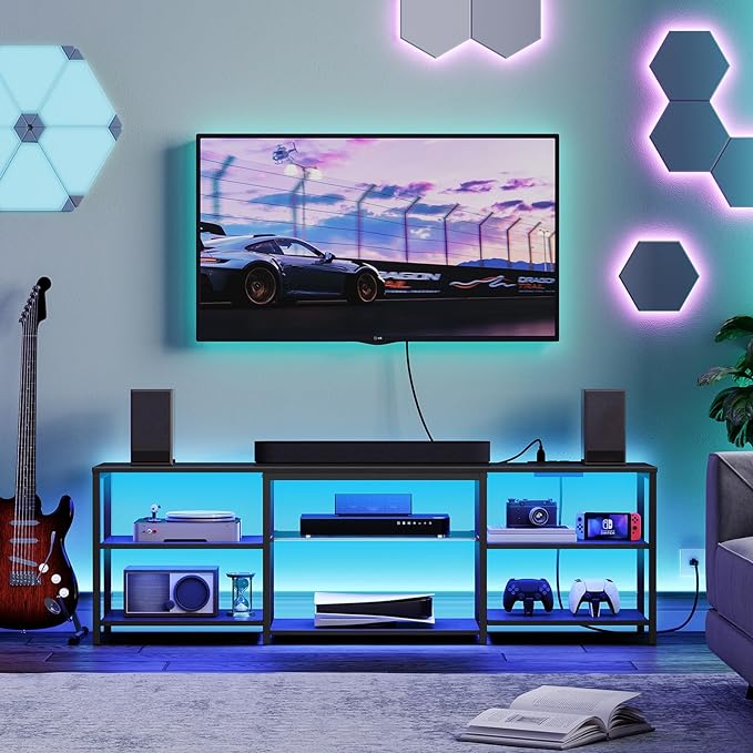 HOOBRO LED TV Stand for 75 Inch TVs with Charging Station, Gaming Entertainment Center with 3-Tier Open Storage, Long 63” Media TV Console Table, TV Stand for Living Room, Bedroom, Black BB21UDDS01 - LeafyLoom